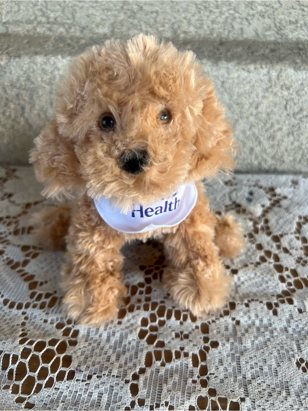 Plush Tan Poodle Dog Toy with 'Health' Bandana